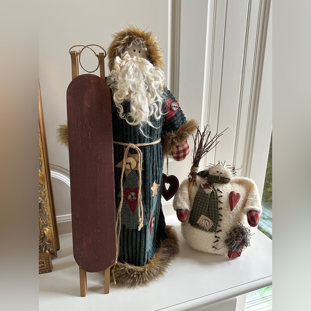 Handmade Primitive Country Santa w/ Wood Sleigh and Snowman